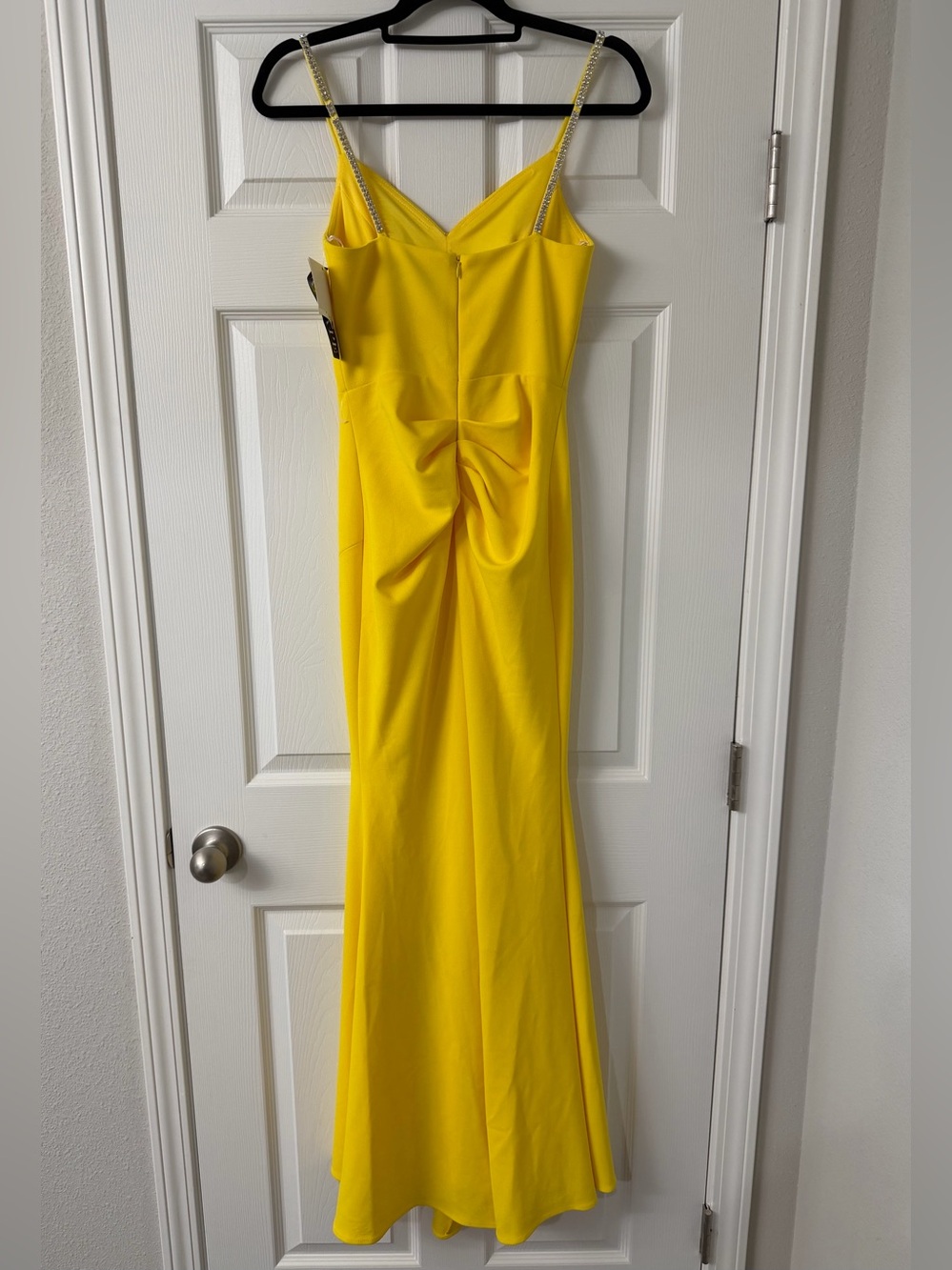 Xscape Yellow Rhinestone Spaghetti Strap Front-Slit Gown Size 0 - Picture 4 of 9